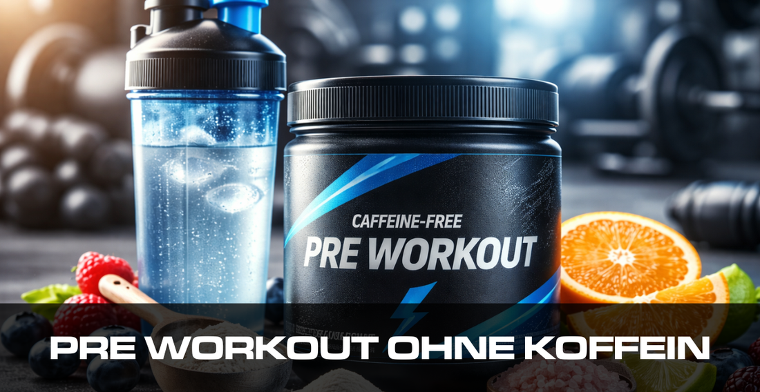 Pre Workout ohne Koffein als Trainingssupplement mit Shaker und Sportumfeld