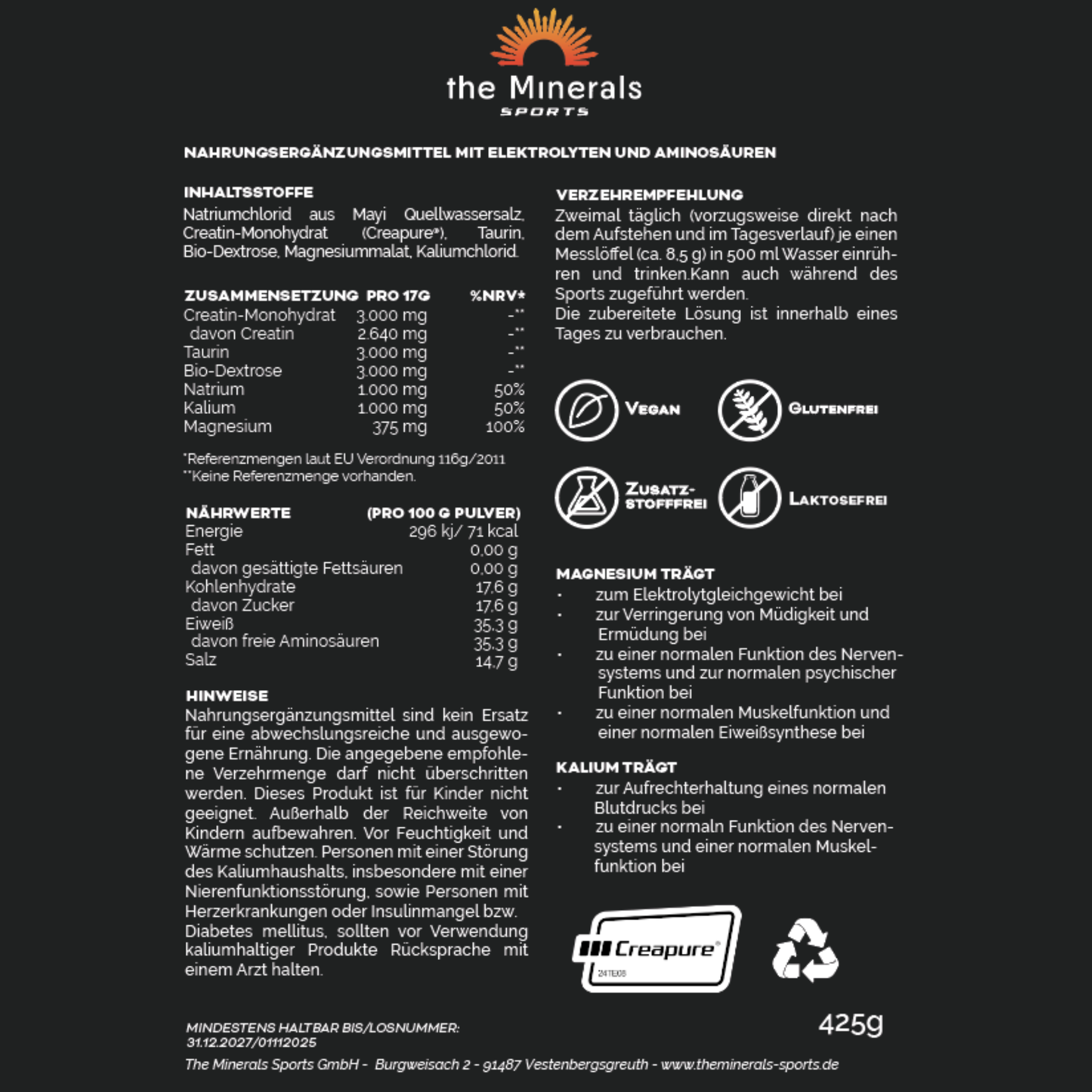 425g Sport Mischung - Elektrolyte mit Creatin für Sportler