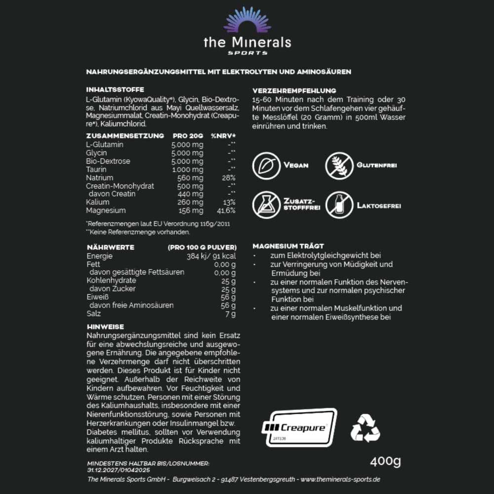 Nährwerttabelle Regenerations Mischung – Elektrolytdrink mit L-Glutamin, Creapure® Creatin, Magnesium und Natrium – The Minerals Sports