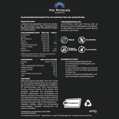 Nährwerttabelle Regenerations Mischung – Elektrolytdrink mit L-Glutamin, Creapure® Creatin, Magnesium und Natrium – The Minerals Sports