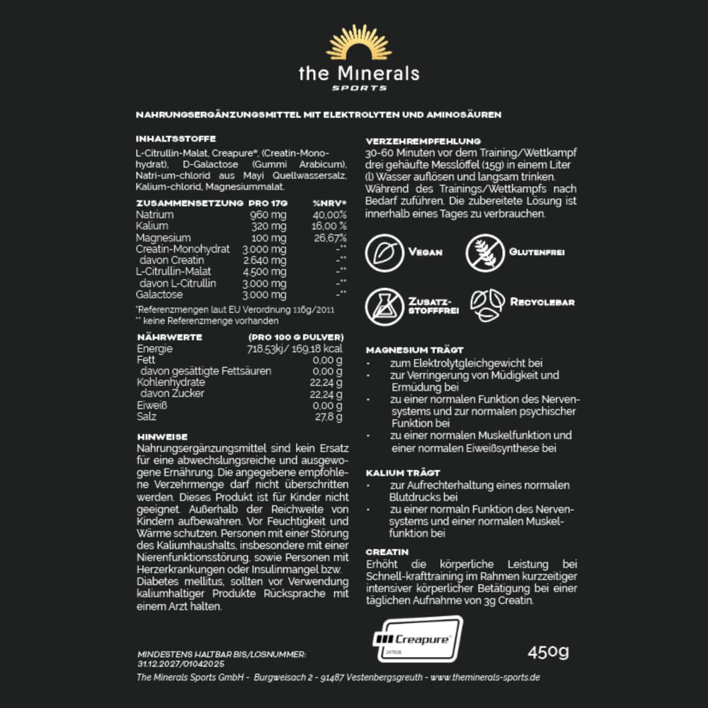 Rückseite Donner Mischung - Elektrolyte & Creatin - The Minerals Sports 